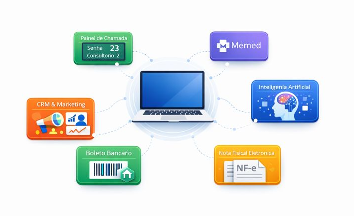 Dashboard V-Clinic mostrando integrações e analytics em tempo real